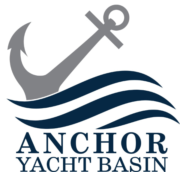 Logo of Anchor Yacht Basin with an anchor and wavy lines on a white background